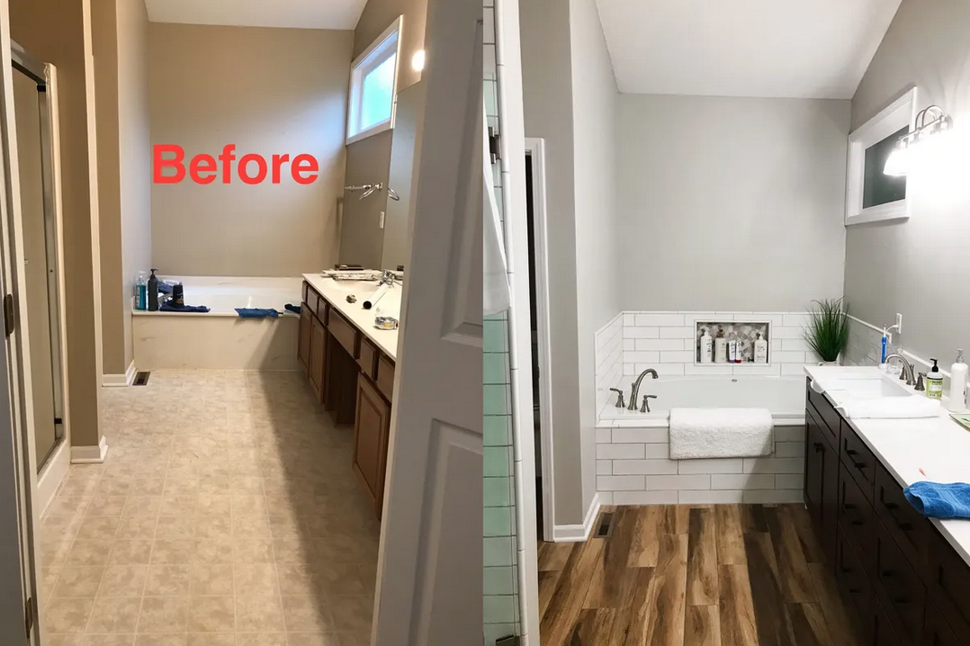 A master bathroom in Overland Park shown before and after, from dated tan tile to white subway tile with a dark vanity