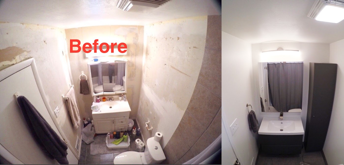 Before-and-after of a small basement bathroom, from stripped walls to a finished floating vanity and mirror